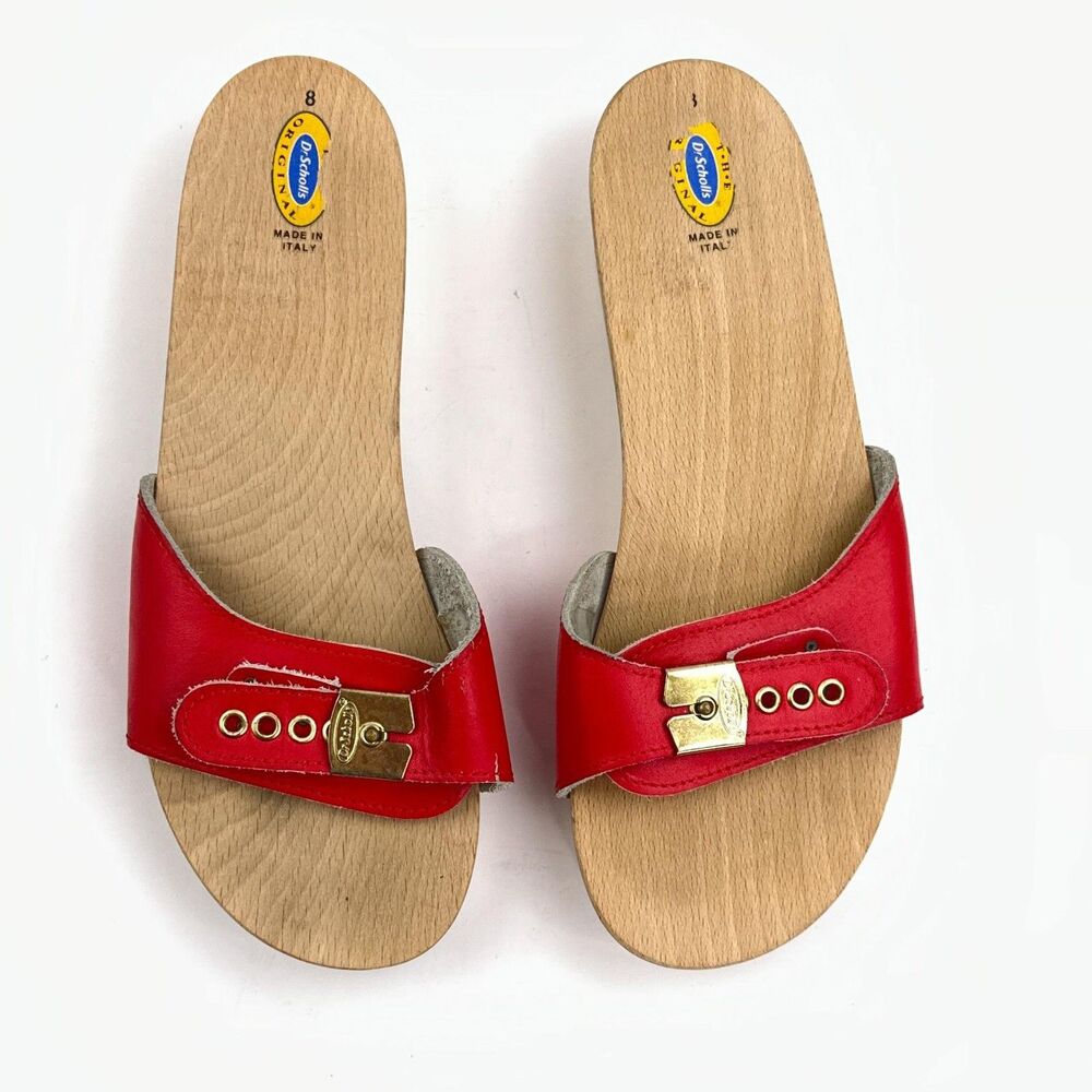 Vtg Dr. Scholl's Original Sandals Womens 8 Red Slide Wood Exercise Shoes Italy - Picture 5 of 11